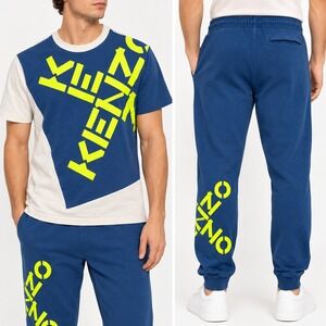 Kenzo Paris Mens T-Shirt and Joggers Set Navy Blue Neon Yellow Logo Streetwear